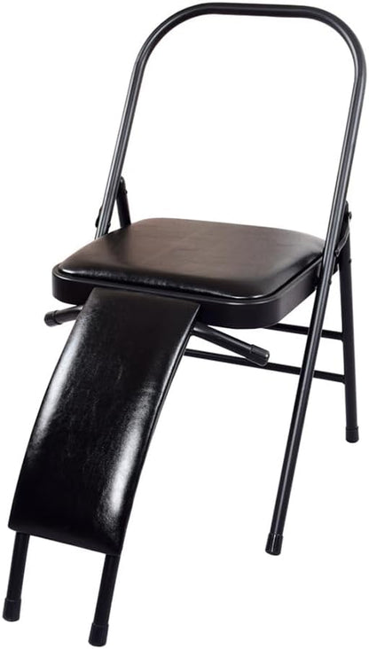 Black Yoga Auxiliary Chair,Backless Yoga Chair,Portable Folding Yoga Chair with Non-Slip Feet Covers,PU Leather,Double Beam Design,Iyengar Yoga Chair，Lumbar support optional