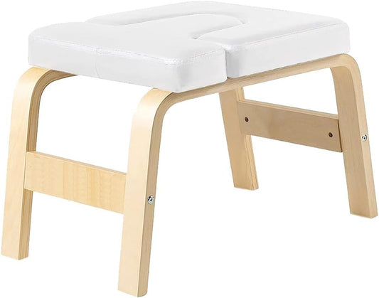 Yoga Headstand Bench, Multifunctional Yoga Inversion Stool, Wood Frame and PU Pads, Upside Down Chair for Balance Training Core Strength (Pure Pearl White)