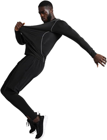 BUYJYA 5Pcs Men's Compression Pants Shirt Top Long Sleeve Jacket Athletic Sets Gym Clothing Mens Workout