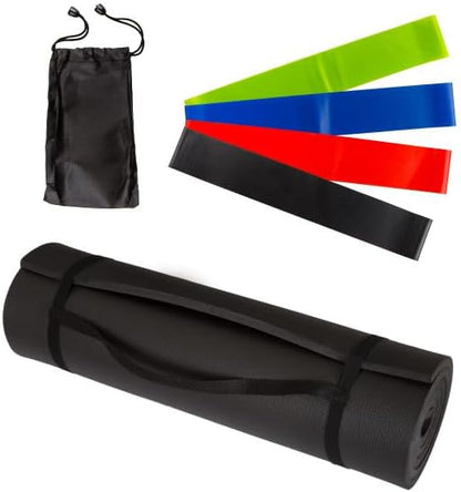 Yoga Mat Set - 4-Pack of Resistance Bands for Working Out with 1/2-Inch Workout Mat - Home Gym Starter Kit - Exercise Equipment by Wakeman (Green)