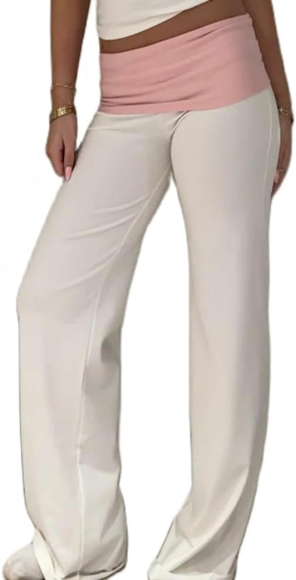Women Y2k Fold Over Yoga Pants Colour Block Straight Leg Bottoms Low Rise Stretchy Lounge Trousers