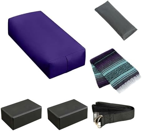 Sunshine Yoga 6-Pack Restorative Yoga Kit, 1 Yoga Bolster (24" x 12" x 6"), 2 Yoga Blocks (4" x 6" x 9"), 1 6ft D-Ring Yoga Strap, 1 Mexican Yoga Blanket, and 1 Unscented Sateen Eye Pillow