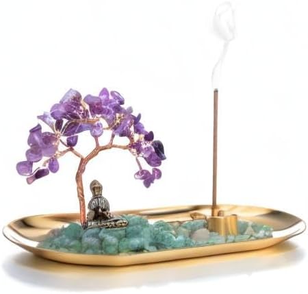 Jovivi Crystal Incense Holder for Sticks, Mixed Healing Crystal Stone Money Tree Buddha Statue Set Incense Burner, Incense Trays for Wealth, Good Luck,Yoga Meditation Home Decor