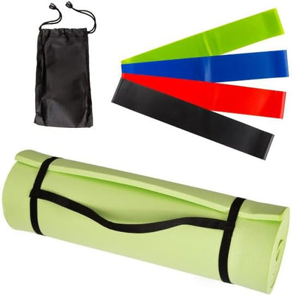 Yoga Mat Set - 4-Pack of Resistance Bands for Working Out with 1/2-Inch Workout Mat - Home Gym Starter Kit - Exercise Equipment by Wakeman (Green)