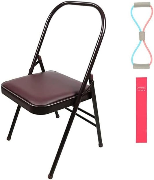 Yoga Auxiliary Chair Portable Folding Yoga Chair with Non-Slip Feet Covers for Flexibility and Strength Training with Resistance Belt