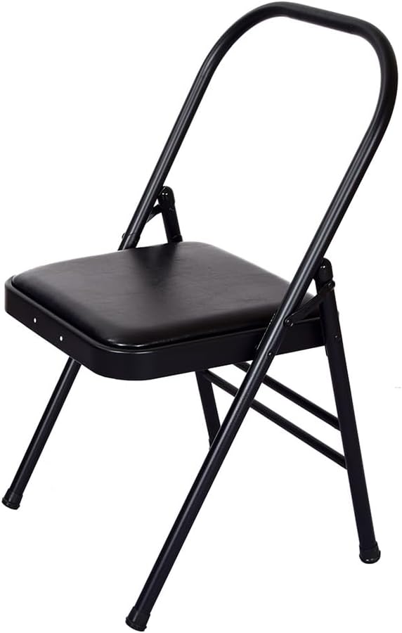 Black Yoga Auxiliary Chair,Backless Yoga Chair,Portable Folding Yoga Chair with Non-Slip Feet Covers,PU Leather,Double Beam Design,Iyengar Yoga Chair，Lumbar support optional