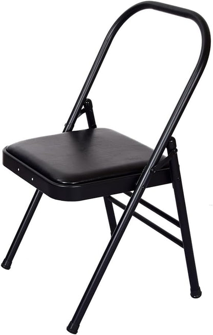 Black Yoga Auxiliary Chair,Backless Yoga Chair,Portable Folding Yoga Chair with Non-Slip Feet Covers,PU Leather,Double Beam Design,Iyengar Yoga Chair，Lumbar support optional