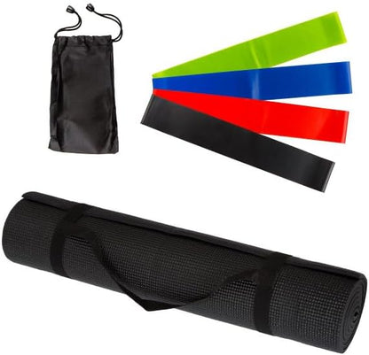 Yoga Mat Set - 4-Pack of Resistance Bands for Working Out with 1/4-Inch Workout Mat - Home Gym Starter Kit - Exercise Equipment by Wakeman (Black)