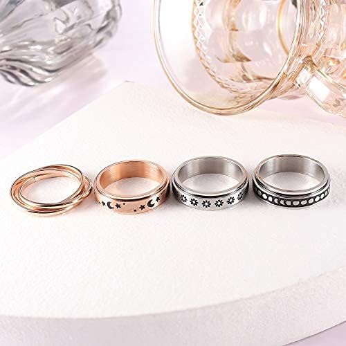 FUNRUN JEWELRY Stainless Steel Fidget Anxiety Ring for Women Men Fidget Spinner Rings Moon Star Celtic Stress Relieving Spinning Ring Wedding Band Rings Set,4-6Pcs