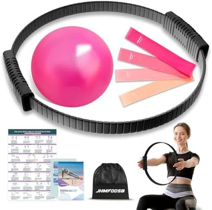 Pilates Ring Set, Pilates Essentials Kit with Pilates Ring and Ball, 3 Resistance Bands, Portable Bag & Training Poster, at Home Pilates Starter Workouts Equipment Kit for Women