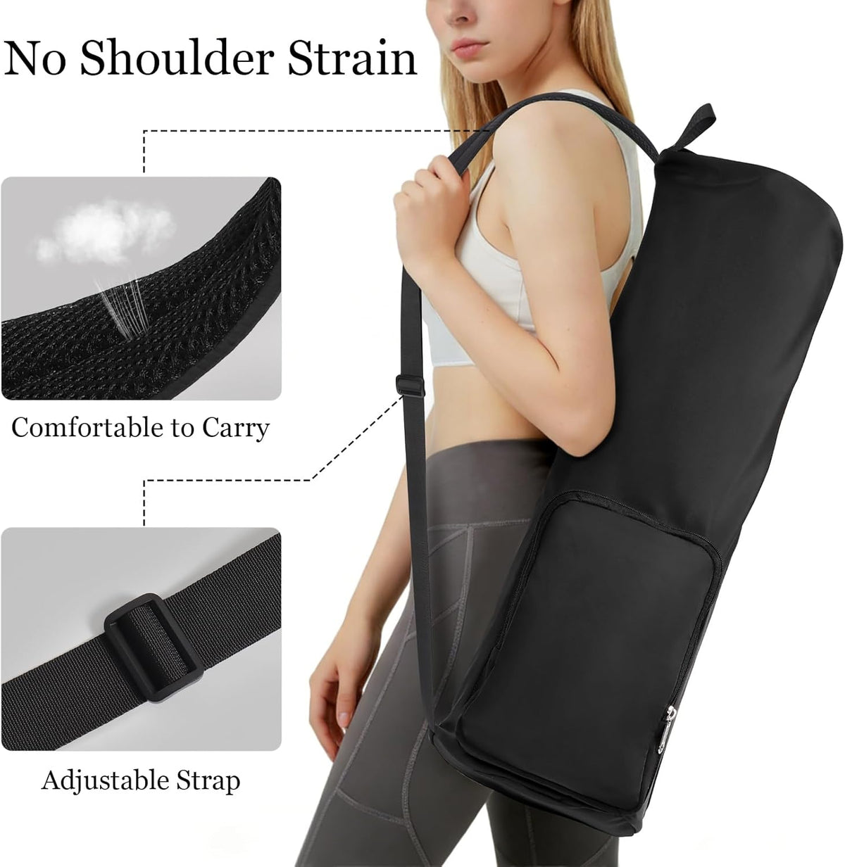 Yoga Mat Bag with Comfort Shoulder Strap and Side Pocket, Waterproof Yoga Mat Carrier Holder for Women and Men, Large Opening Pilates Bag for Workouts, Gym, Exercise