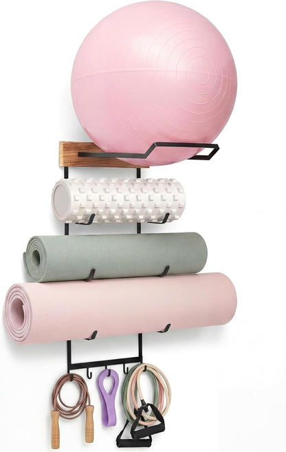 Yoga Mat and Ball Holder Wall Mount, 5 Hooks Style, Wood Color