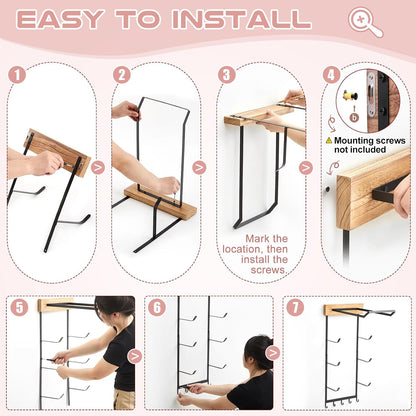 Yoga Mat and Ball Holder Wall Mount, 5 Hooks Style, Wood Color