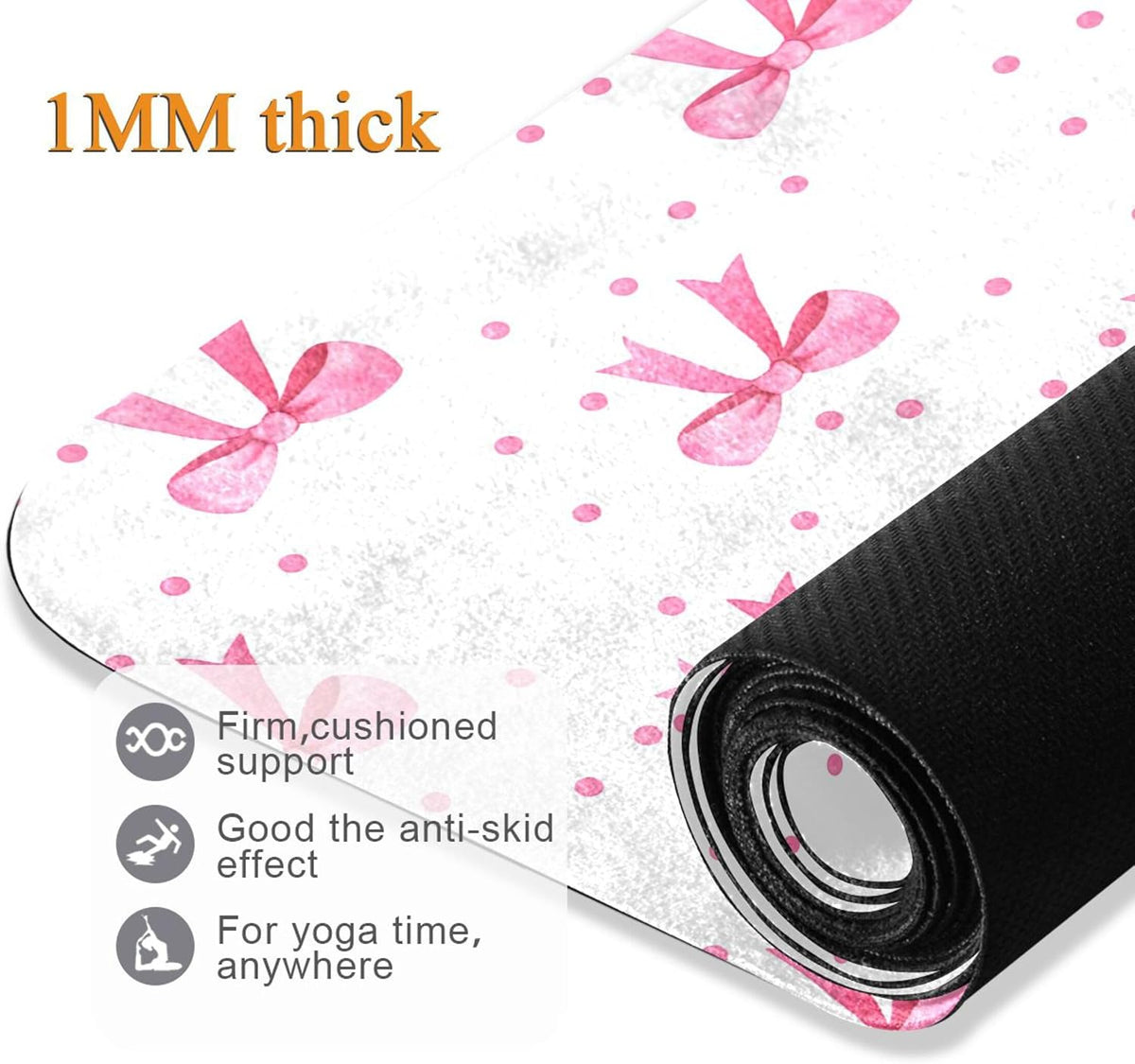 Pink Bows Yoga Mat, 71” x 26” Non-Slip Sports Yoga Mat with Storage Bag, for Indoor and Outdoor Fitness Exercise, Pilates
