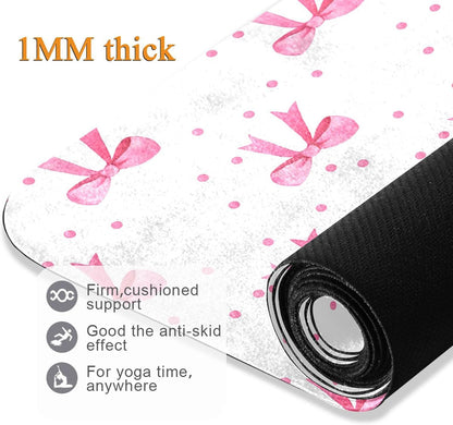 Pink Bows Yoga Mat, 71” x 26” Non-Slip Sports Yoga Mat with Storage Bag, for Indoor and Outdoor Fitness Exercise, Pilates