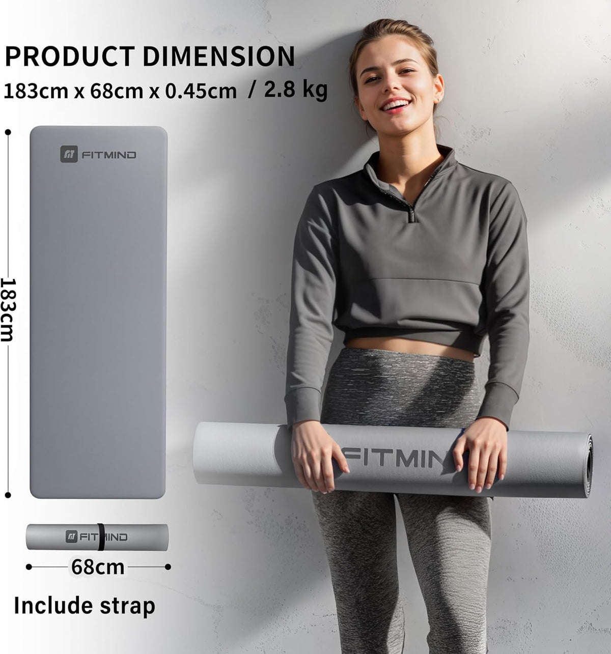 Professional PU Rubber Yoga Mat, Double-Sided Non Slip Sweat Resistant Exercise Mat for Men Women, Comfortable Extra Long & Wide for Yoga, Pilates, Fitness, Home Gym, 72"×26.8"×0.18"(4.5mm)Thick