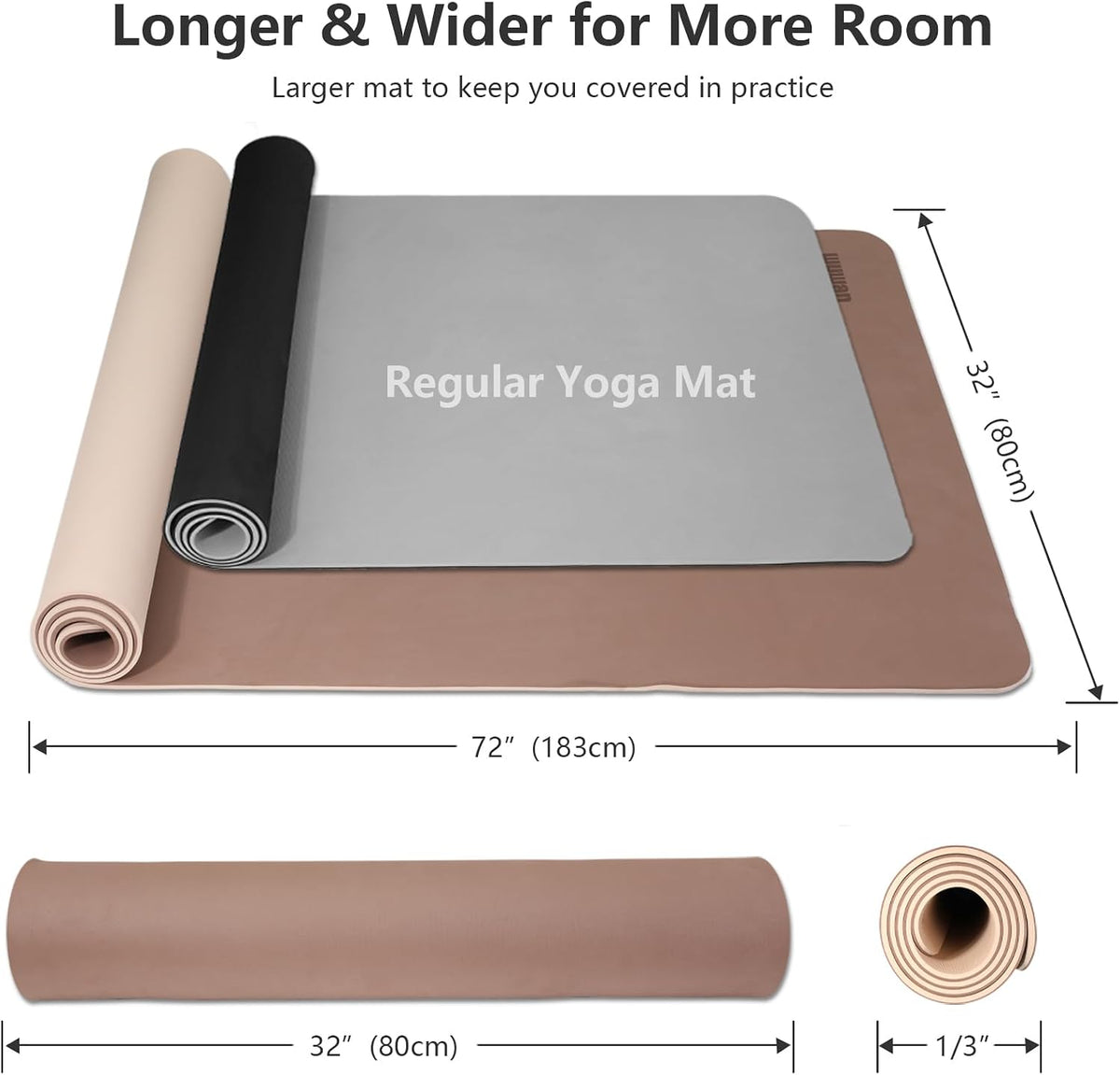 Yoga Mat, 80cm Wide, 1/3 Inch Thick Exercise Mat, Carry Strap, Fitness