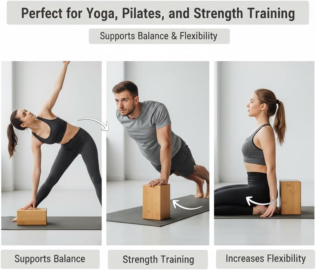 Natural Bamboo Block - Lightweight Yoga Brick for Stability, Stretching & Alignment - Smooth, Non-Slip Surface, Easy to Clean