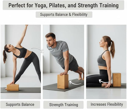 Natural Bamboo Block - Lightweight Yoga Brick for Stability, Stretching & Alignment - Smooth, Non-Slip Surface, Easy to Clean