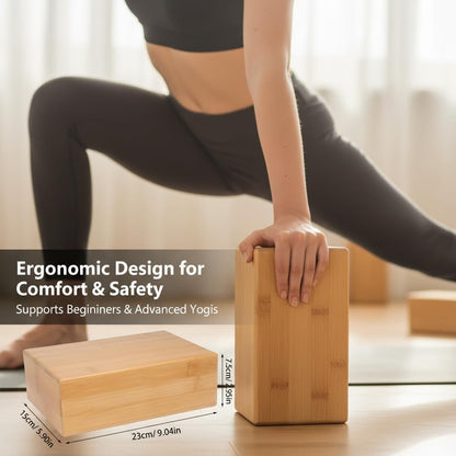 Natural Bamboo Block - Lightweight Yoga Brick for Stability, Stretching & Alignment - Smooth, Non-Slip Surface, Easy to Clean