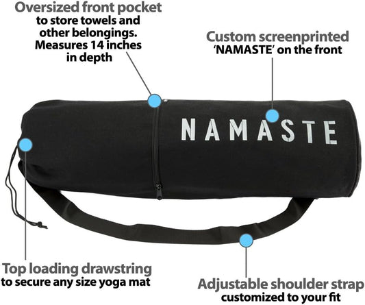 Namaste Large Yoga Mat Bag - Fits Exercise Mats, Drawstring Carrier for Men Women, Long Breathable Canvas Sling, Deep Front Pocket Zipper, Secret Storage, Adjustable Shoulder Strap