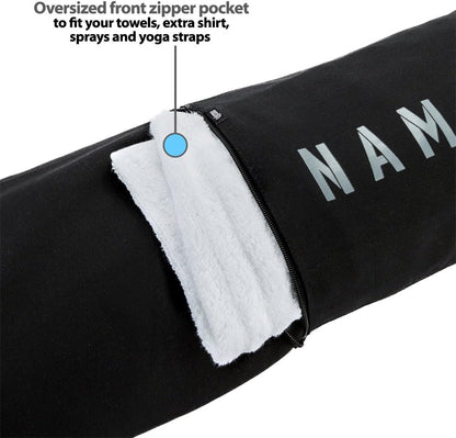 Namaste Large Yoga Mat Bag - Fits Exercise Mats, Drawstring Carrier for Men Women, Long Breathable Canvas Sling, Deep Front Pocket Zipper, Secret Storage, Adjustable Shoulder Strap