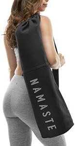 Namaste Large Yoga Mat Bag - Fits Exercise Mats, Drawstring Carrier for Men Women, Long Breathable Canvas Sling, Deep Front Pocket Zipper, Secret Storage, Adjustable Shoulder Strap