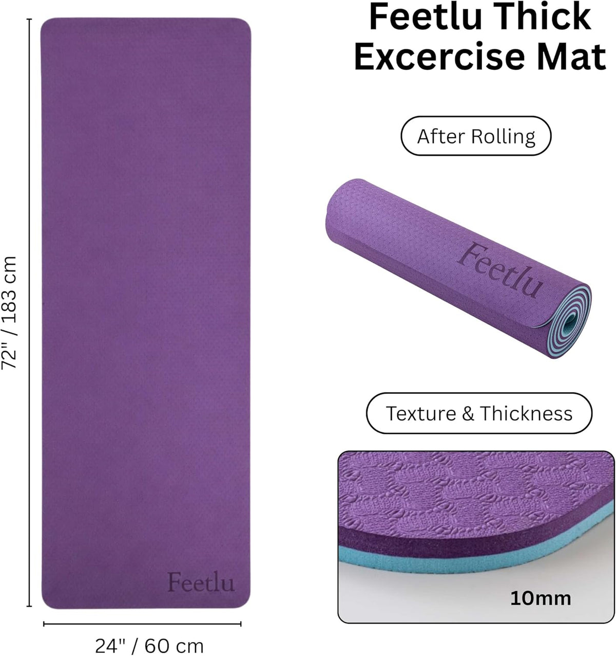Extra Thick 10mm Yoga Mat, 72" x 24", Non-Slip with Carry Strap