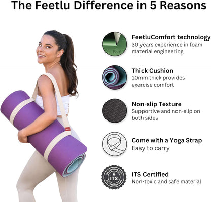 Extra Thick 10mm Yoga Mat, 72" x 24", Non-Slip with Carry Strap