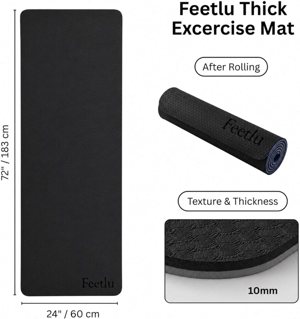 Extra Thick 10mm Yoga Mat, 72" x 24", Non-Slip with Carry Strap