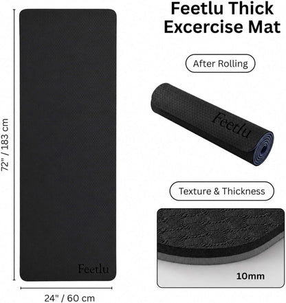 Extra Thick 10mm Yoga Mat, 72" x 24", Non-Slip with Carry Strap