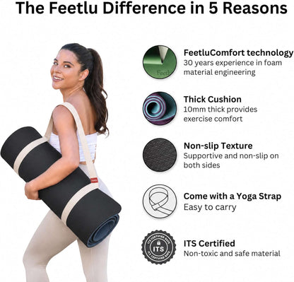 Extra Thick 10mm Yoga Mat, 72" x 24", Non-Slip with Carry Strap