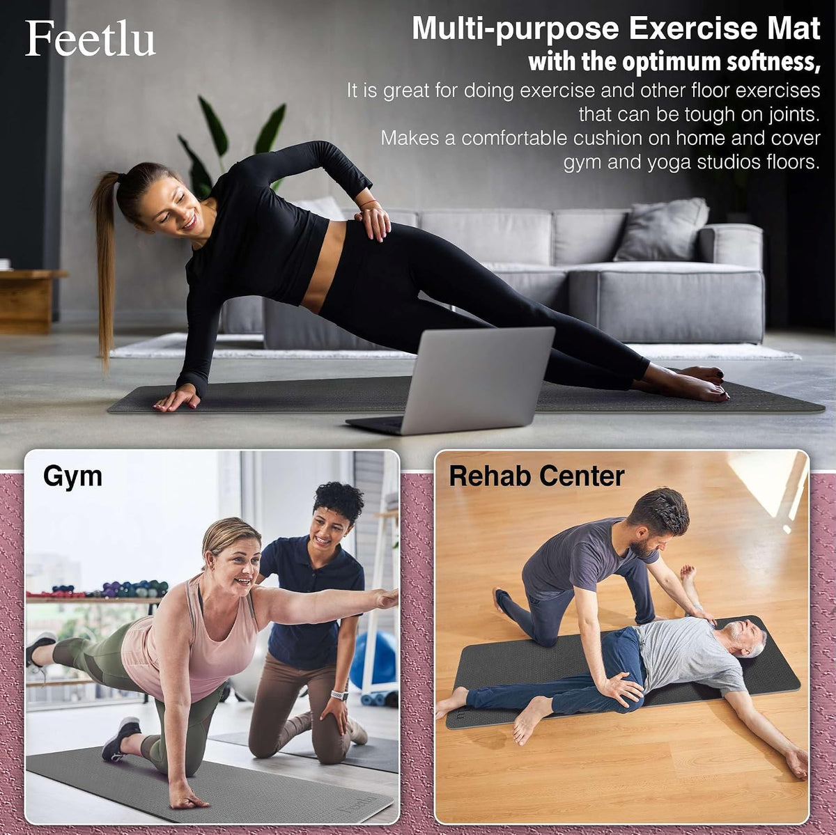 Extra Thick 10mm Yoga Mat, 72" x 24", Non-Slip with Carry Strap