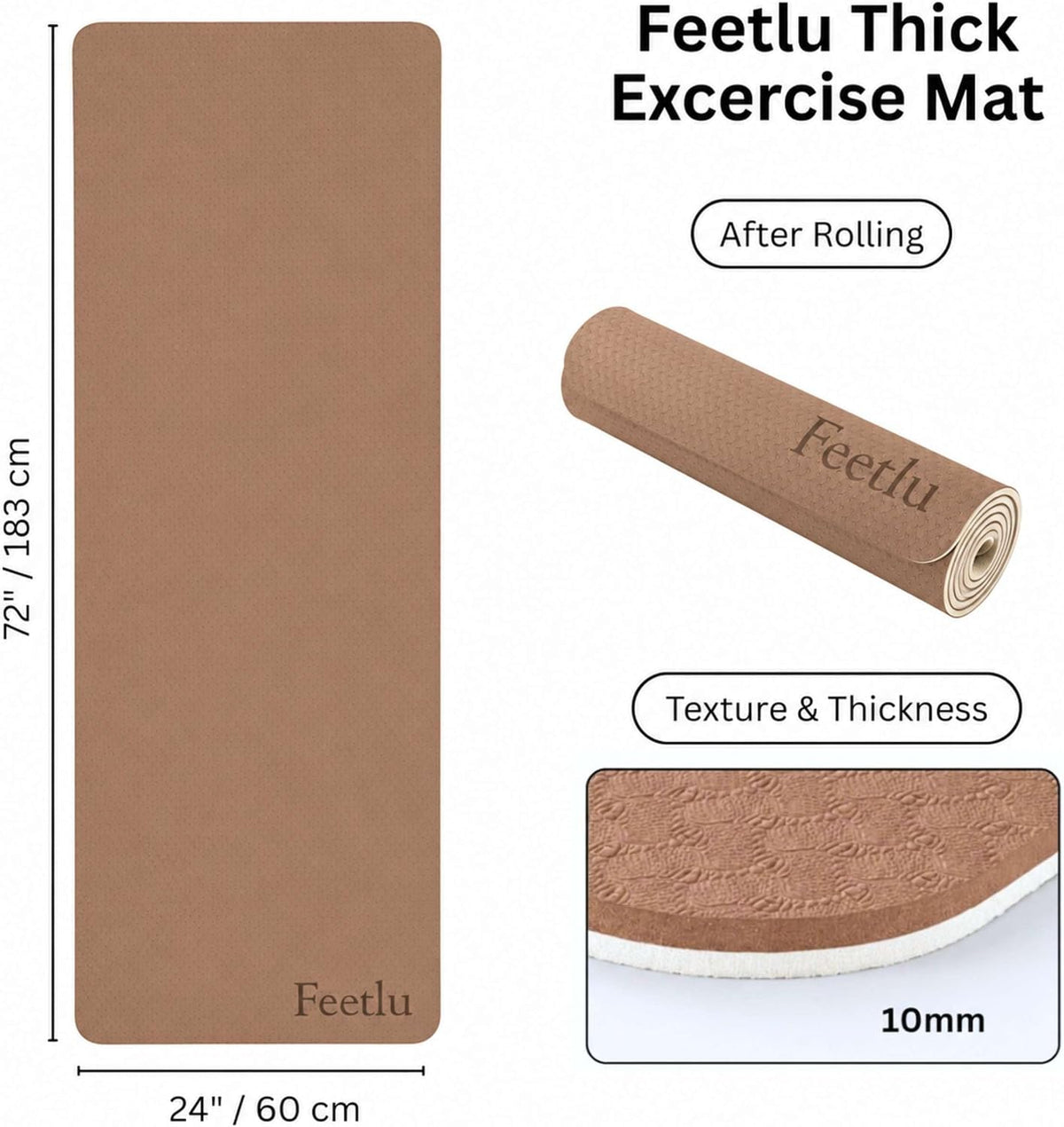 Extra Thick 10mm Yoga Mat, 72" x 24", Non-Slip with Carry Strap