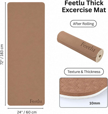 Extra Thick 10mm Yoga Mat, 72" x 24", Non-Slip with Carry Strap