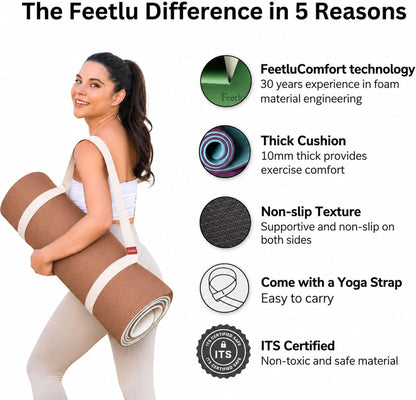 Extra Thick 10mm Yoga Mat, 72" x 24", Non-Slip with Carry Strap