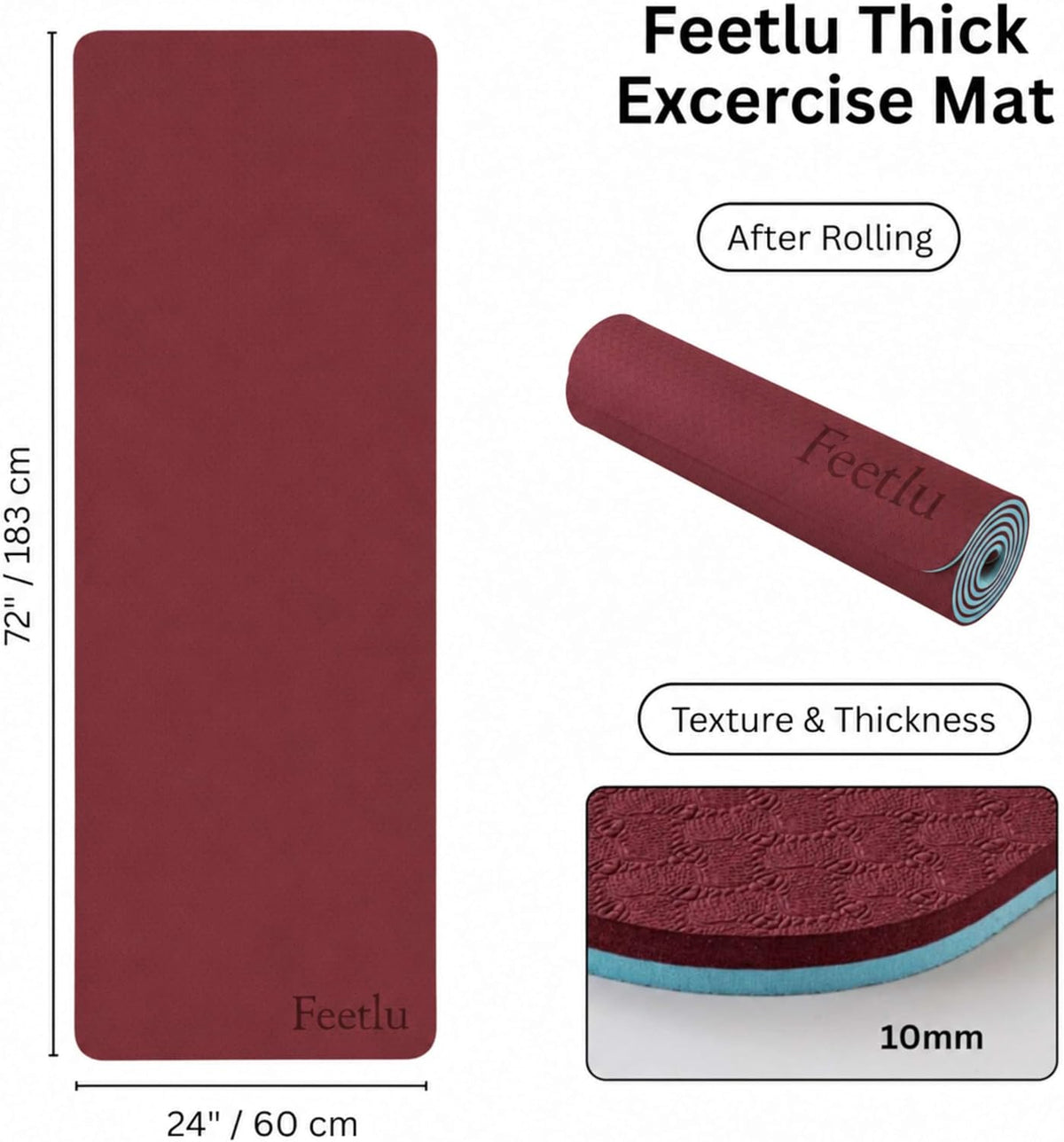 Extra Thick 10mm Yoga Mat, 72" x 24", Non-Slip with Carry Strap