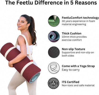 Extra Thick 10mm Yoga Mat, 72" x 24", Non-Slip with Carry Strap