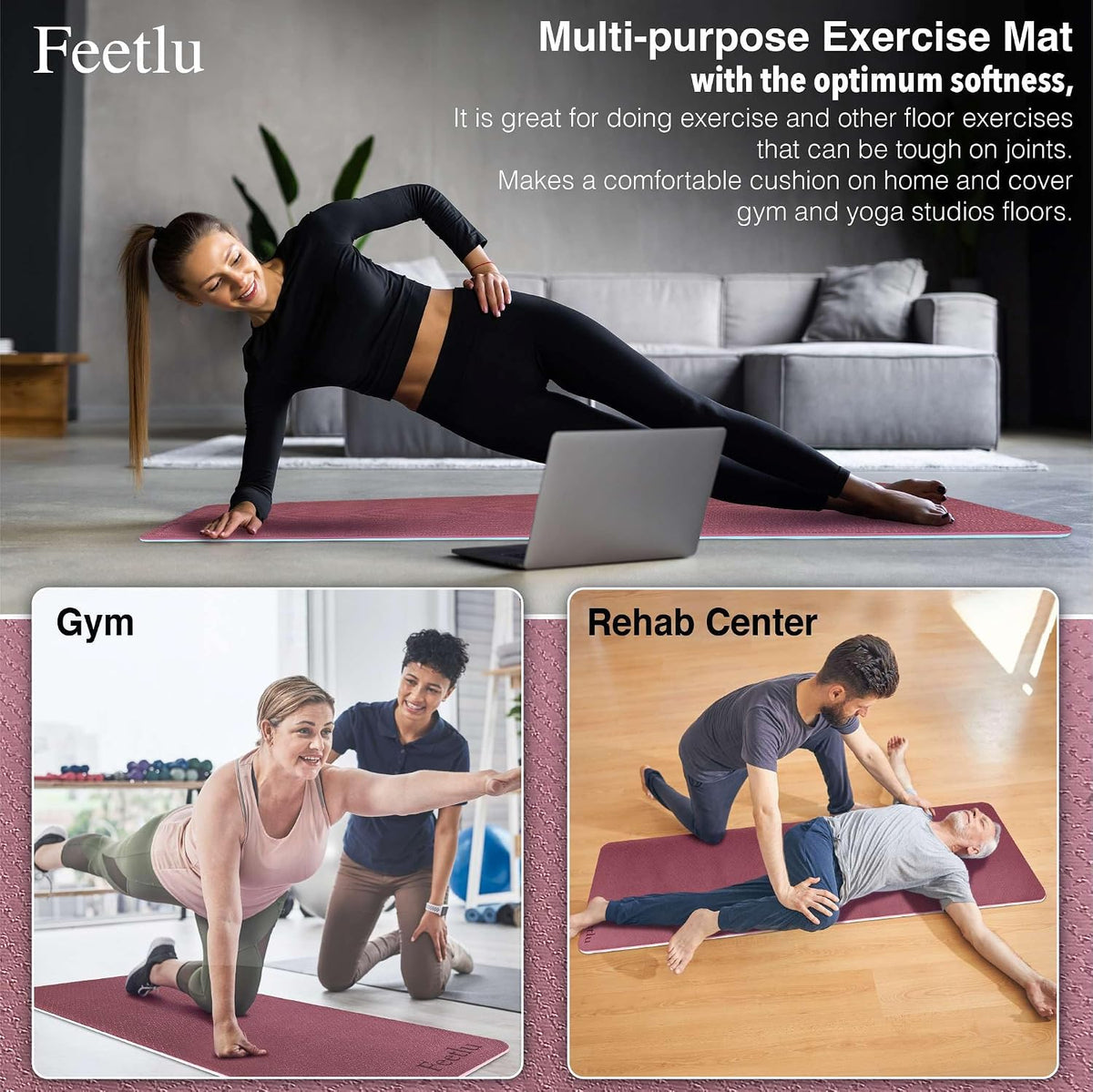 Extra Thick 10mm Yoga Mat, 72" x 24", Non-Slip with Carry Strap