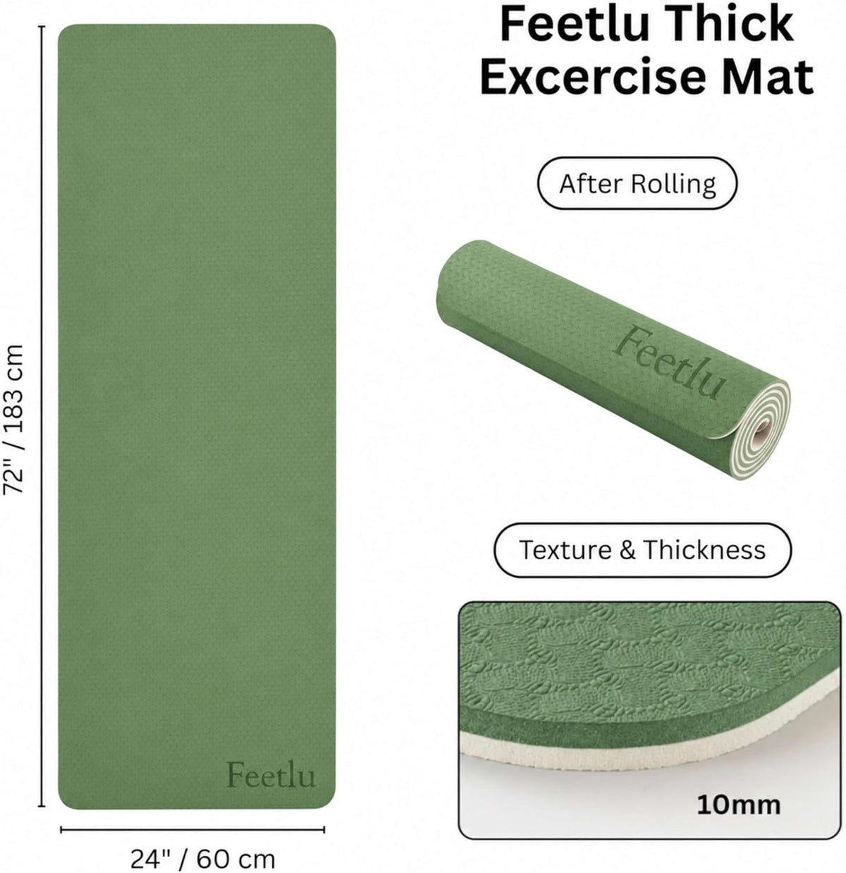 Extra Thick 10mm Yoga Mat, 72" x 24", Non-Slip with Carry Strap