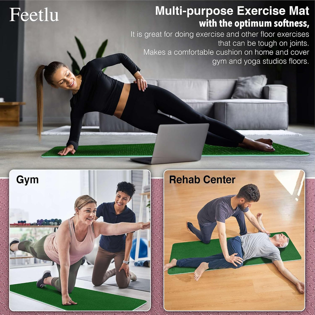 Extra Thick 10mm Yoga Mat, 72" x 24", Non-Slip with Carry Strap