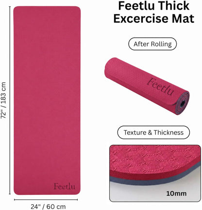 Extra Thick 10mm Yoga Mat, 72" x 24", Non-Slip with Carry Strap