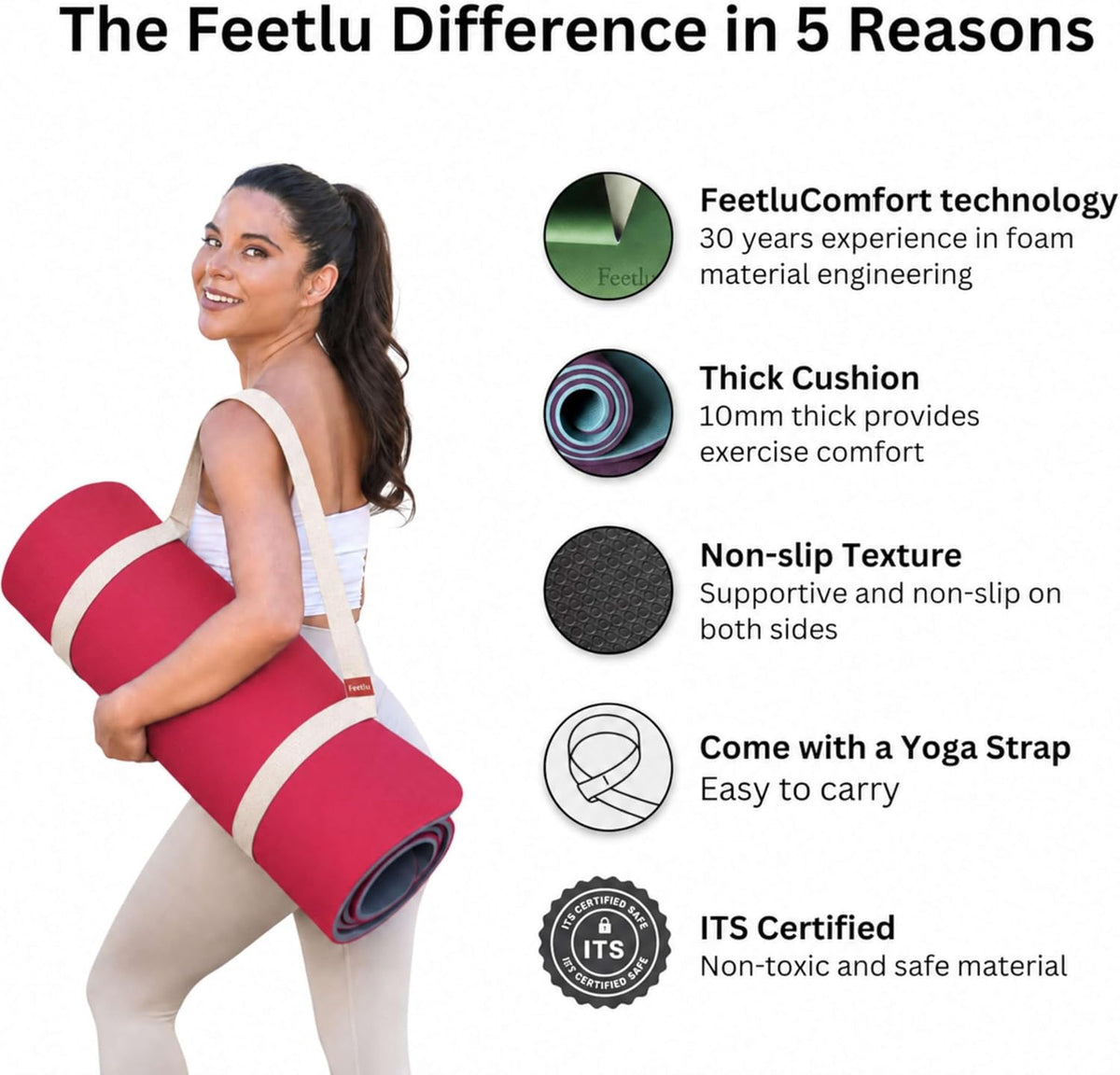Extra Thick 10mm Yoga Mat, 72" x 24", Non-Slip with Carry Strap
