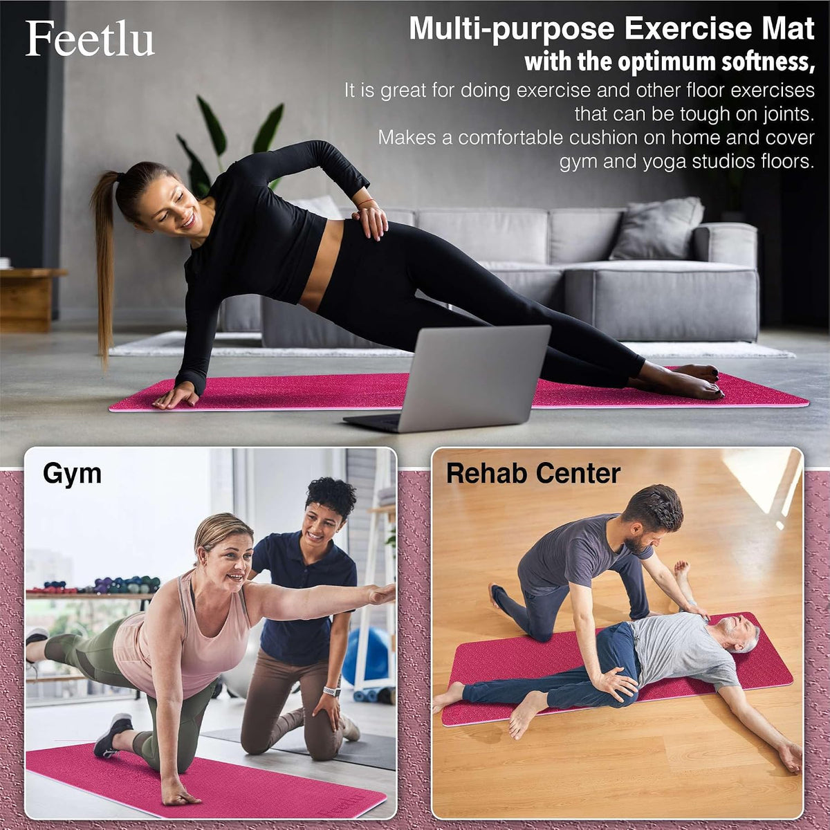 Extra Thick 10mm Yoga Mat, 72" x 24", Non-Slip with Carry Strap