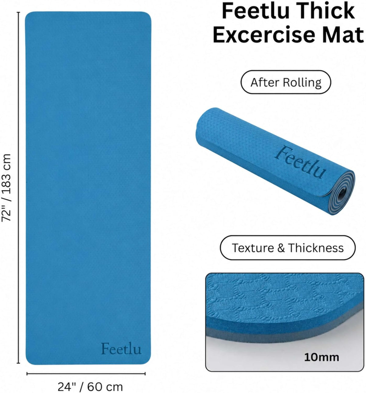 Extra Thick 10mm Yoga Mat, 72" x 24", Non-Slip with Carry Strap