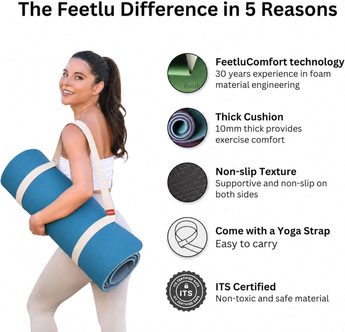 Extra Thick 10mm Yoga Mat, 72" x 24", Non-Slip with Carry Strap