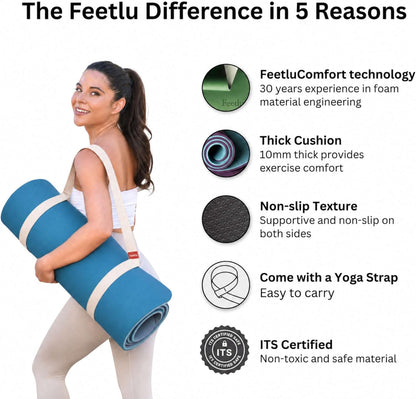 Extra Thick 10mm Yoga Mat, 72" x 24", Non-Slip with Carry Strap