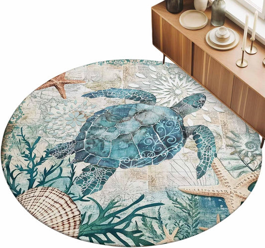 Round Area Rugs 3 ft Indoor Aloha Mats Sea Turtle Ocean Animal Nautical Map Soft Living Room Bedroom Unique Carpet Woman Yoga Mat Home Decor