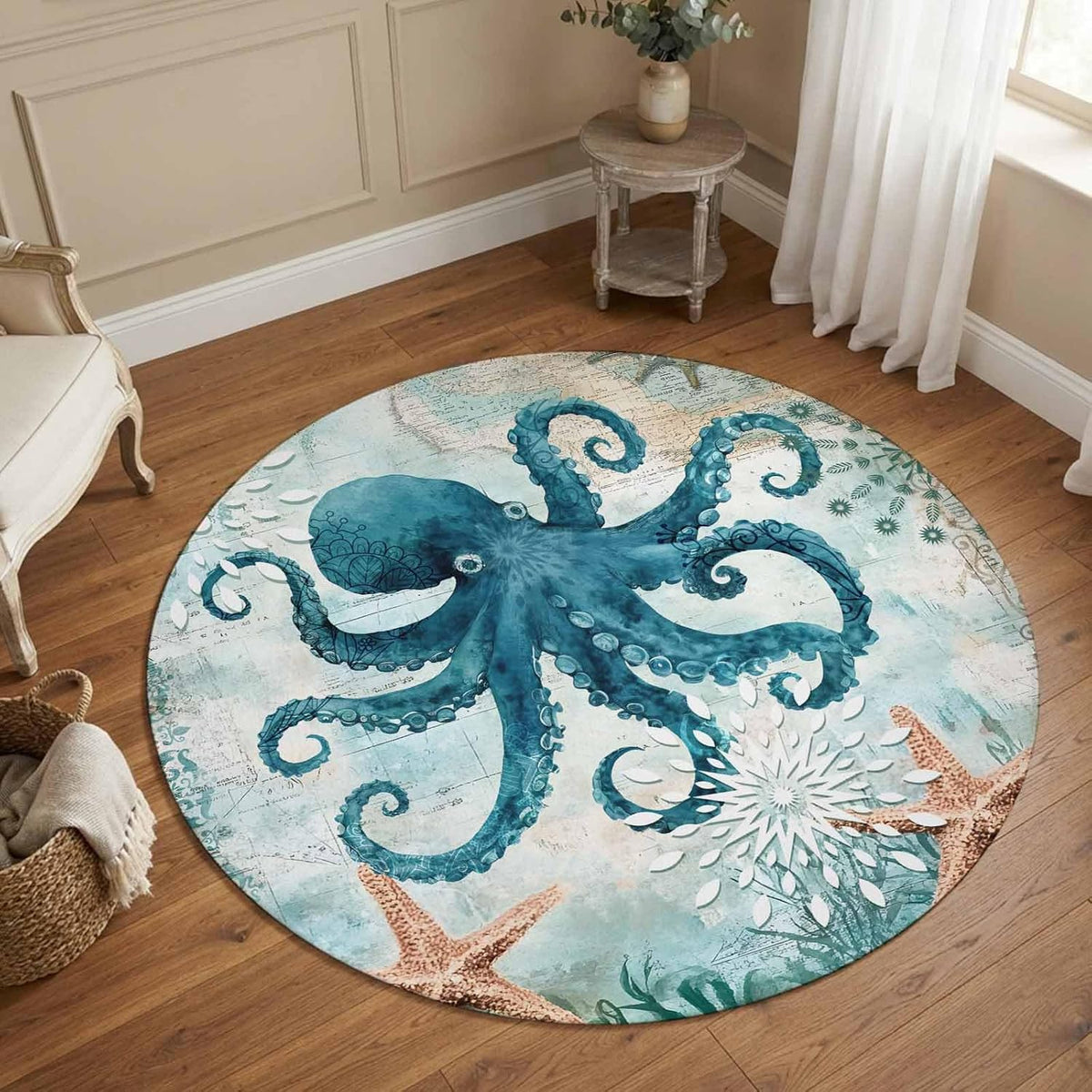 Round Area Rugs 3 ft Indoor Aloha Mats Sea Turtle Ocean Animal Nautical Map Soft Living Room Bedroom Unique Carpet Woman Yoga Mat Home Decor