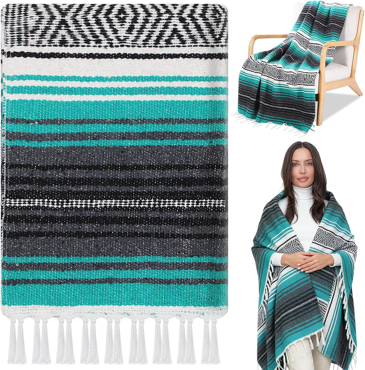 Mexican Blanket Woven Authentic Falsa Throw 45 x 70 Inch – Authentic Baja Serape Saddle Blanket Outdoor for Restorative Yoga, Beach, Picnic, Couch, Car Travel(Turquoise)